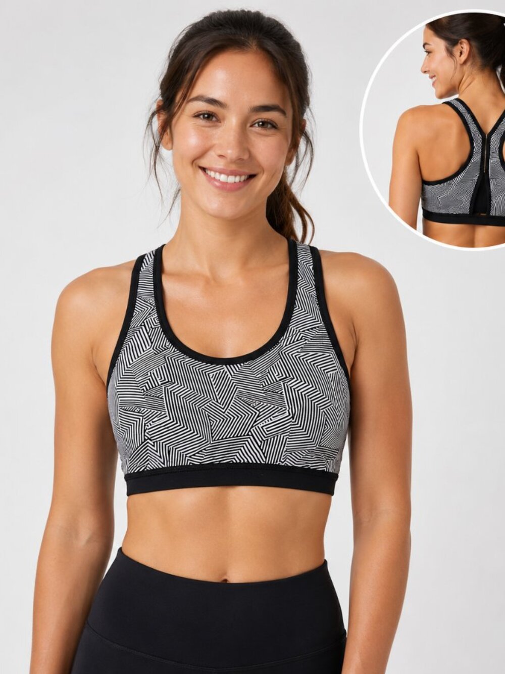 Zobha Geo Chevron Sports Bra NWT Medium Impact Black White Racerback M